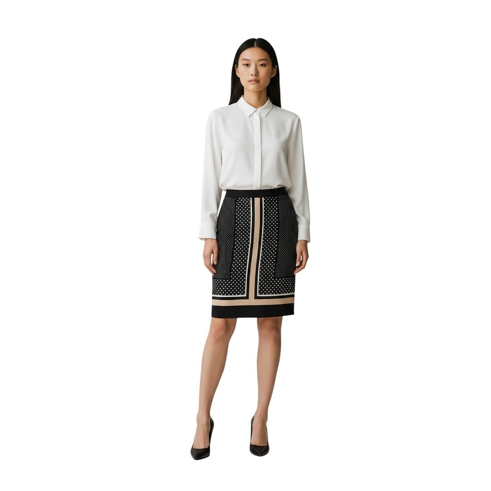 Ann Taylor Polka Dot Pencil Skirt Black White Tan Geometric Border size 0